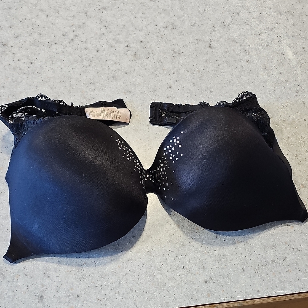 La SENZA 36D Black Lace-Back Push-Up Bra with Rhinestone Detail